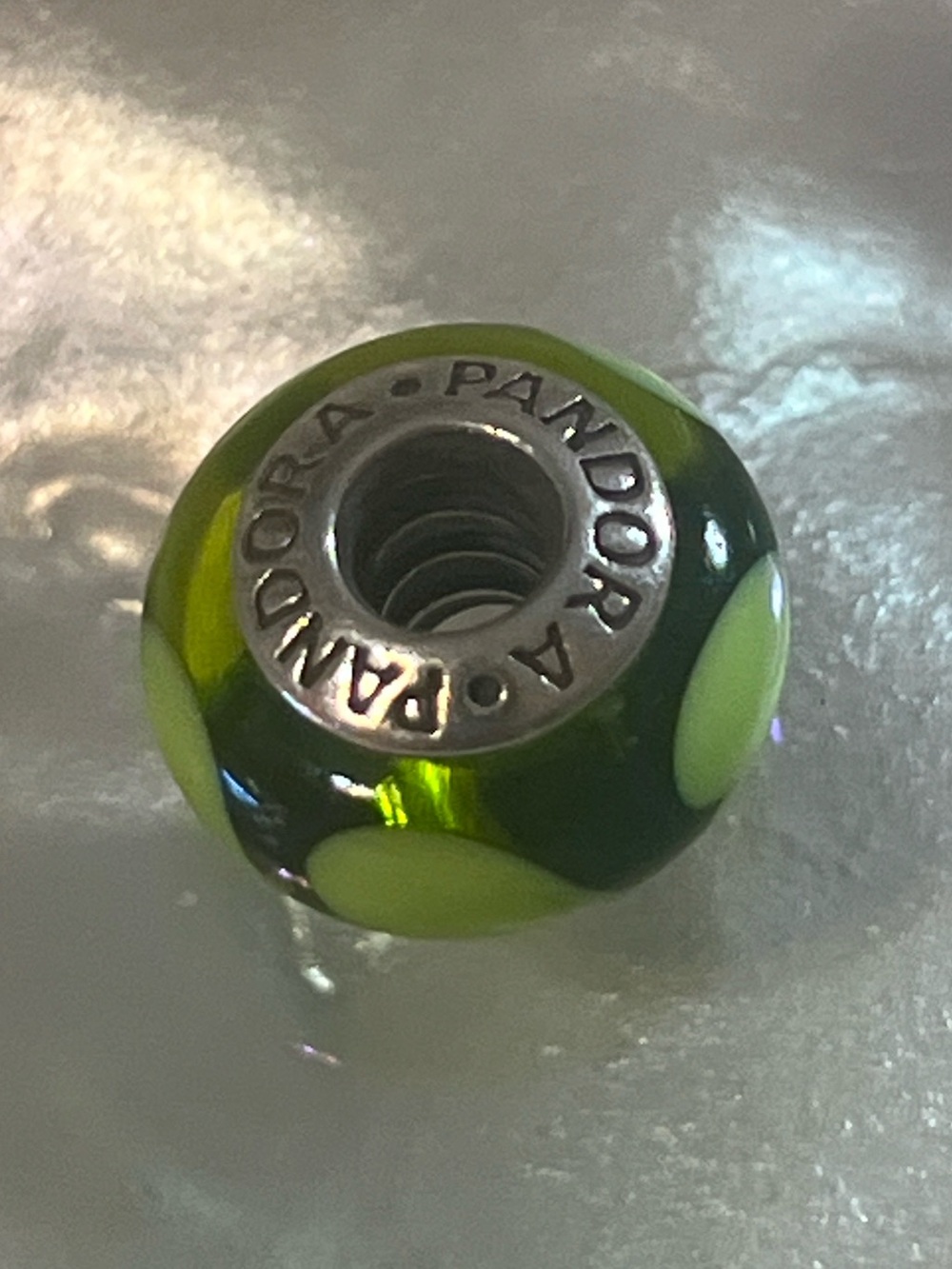 Pandora Green Glass Bead with Yellow Dot Accents